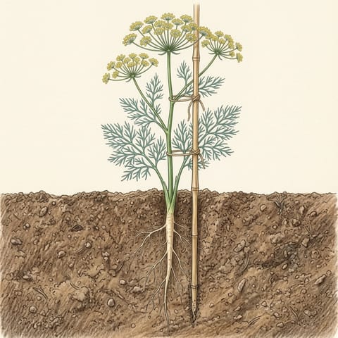 A tall dill plant with flat yellow flower heads, tied to a cane