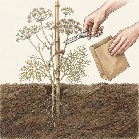 A hand cutting a brown dill seed head, a paper bag held ready