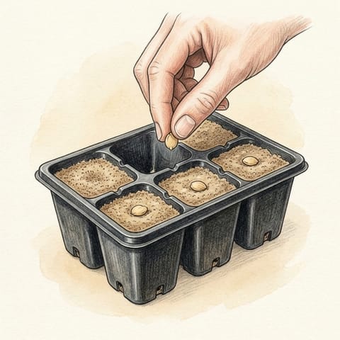 Eggplant seeds being sown in a seed tray