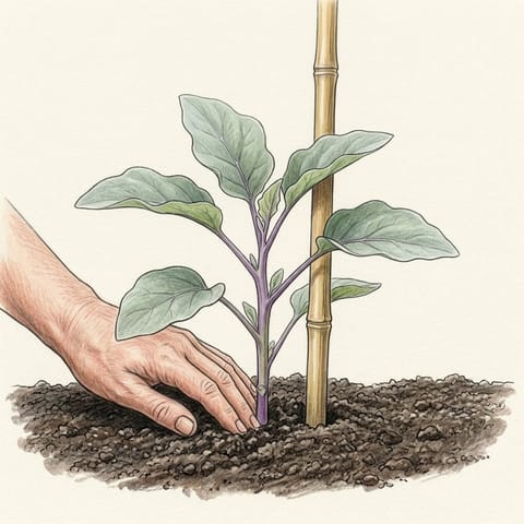 A young eggplant just planted beside a bamboo cane