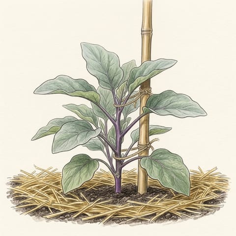 A young eggplant tied to its cane, with straw mulch