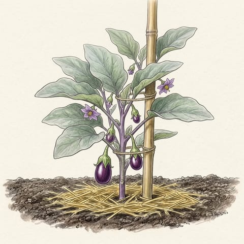 Small glossy purple eggplants forming on the plant
