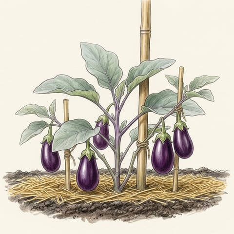 Full-sized glossy purple eggplants on the plant