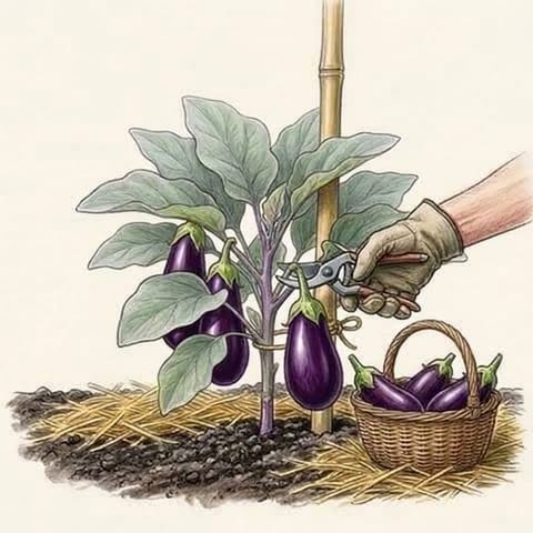 A gloved hand cutting a glossy eggplant from the plant, a basket beside it