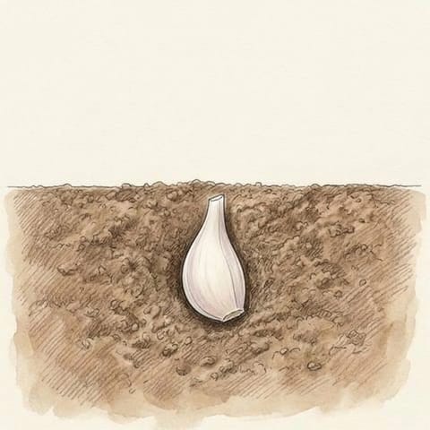 A garlic clove planted pointed end up in the soil