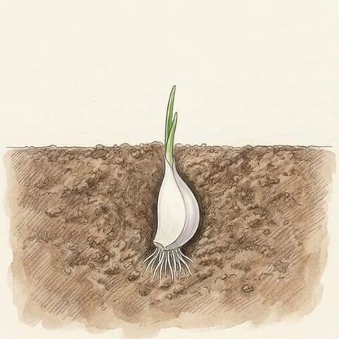 Roots growing from a garlic clove and a green shoot breaking the soil