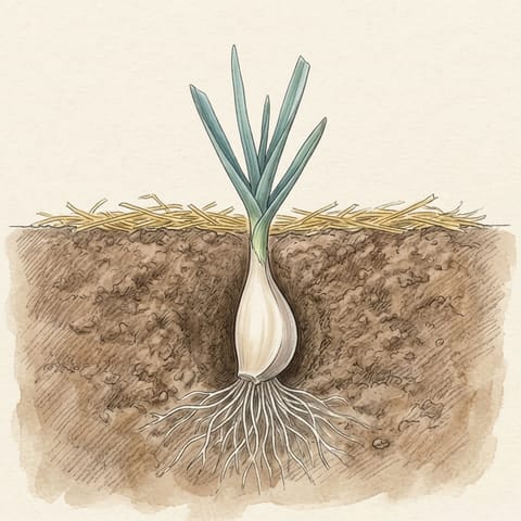 A young garlic plant with straw mulch around it