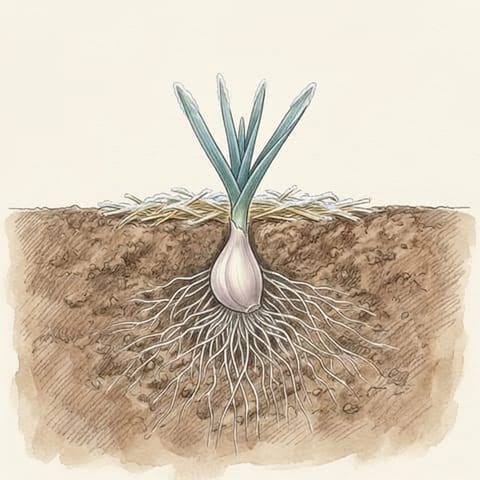 A small garlic plant in frosty straw mulch