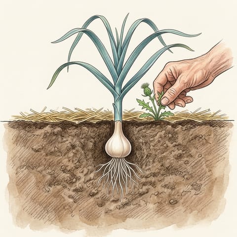 A tall garlic plant with a hand pulling a weed beside it