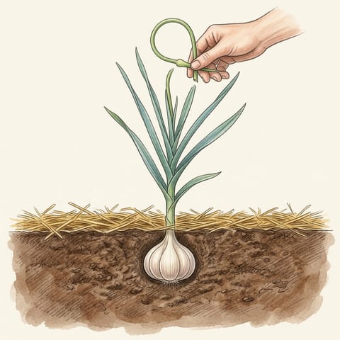 A hand snapping a curly flower stalk from a garlic plant