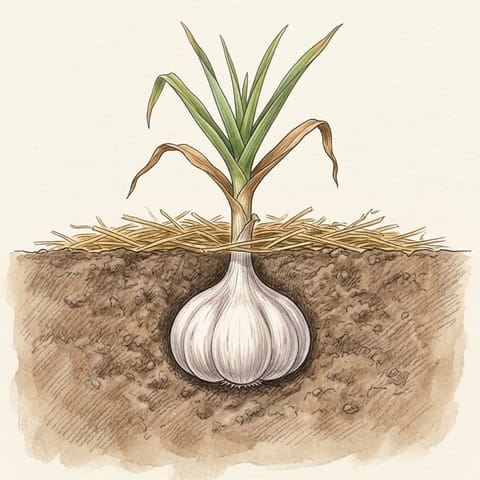 A garlic plant with browning lower leaves above a full bulb