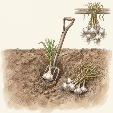 A fork lifting garlic, with lifted plants laid on the soil and a bunch hanging to dry