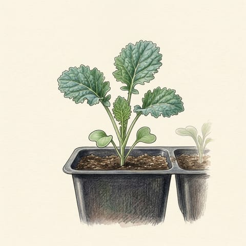 A young kale seedling in a module tray