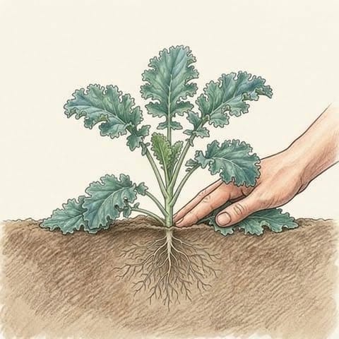 A kale seedling planted deep and firmed in