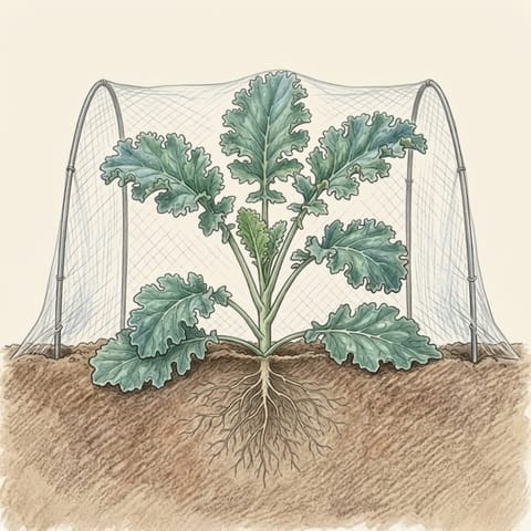A young kale plant under fine insect mesh on hoops