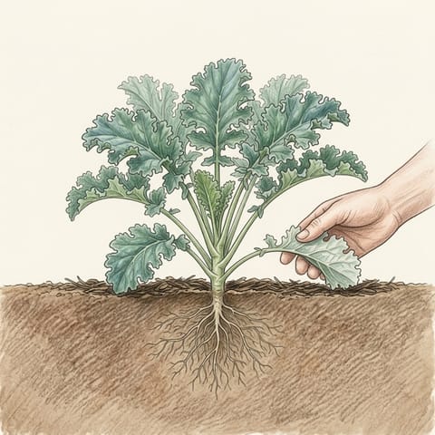 A leafy kale plant with a hand checking under a leaf