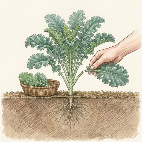 A hand picking a lower leaf from a full-grown kale plant