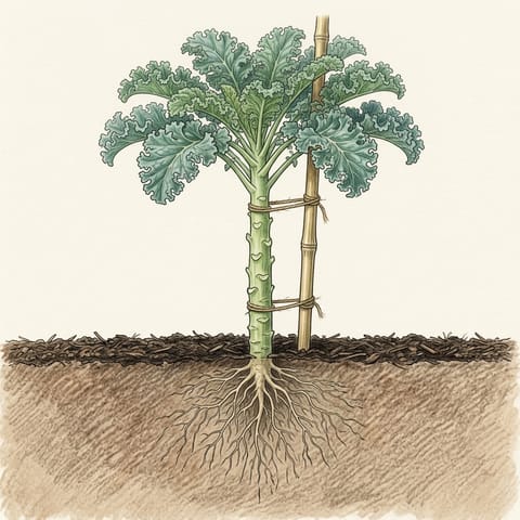 A tall kale plant on a bare stem tied to a cane