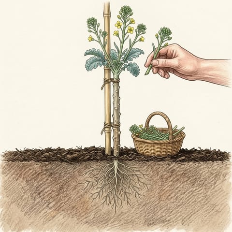 A hand picking young flower shoots from a tall kale plant