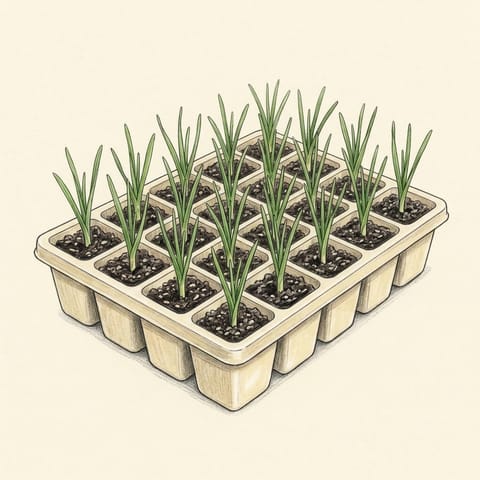 Young leek seedlings like fine grass in a tray