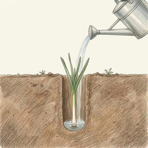 A leek seedling standing in a deep, open planting hole being filled with water