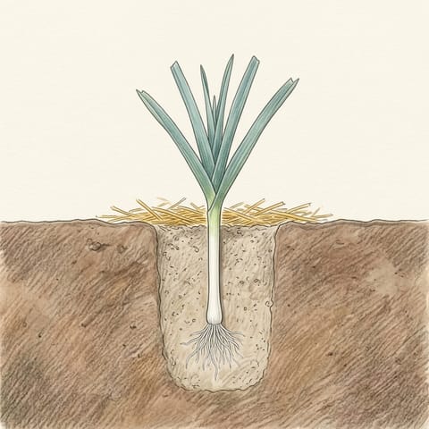 A young leek with straw mulch around it, its white stem underground