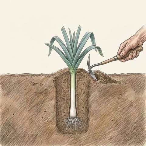 A hand hoe drawing soil up around a young leek's stem