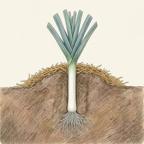 A leek with soil mounded around its stem and a long white stem underground