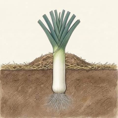 A full-grown leek with a thick white stem under the soil