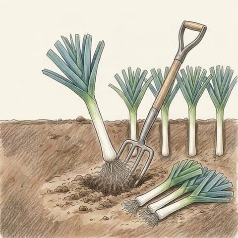 A fork lifting a leek beside a few trimmed leeks on the soil