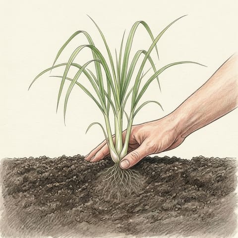 A small lemongrass plant just planted in a garden bed