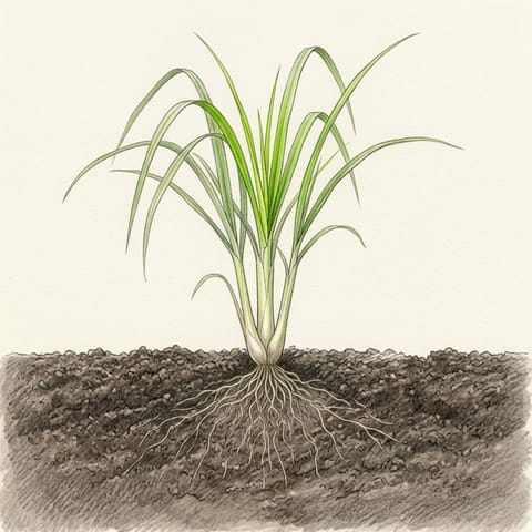 A young lemongrass plant with fresh leaves from its centre