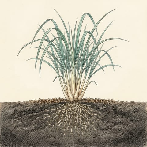 A small lemongrass clump with compost mulch around it
