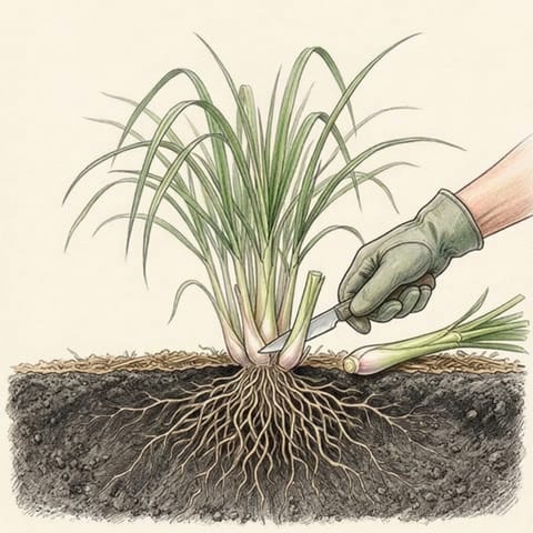 A gloved hand cutting an outer lemongrass stalk at soil level