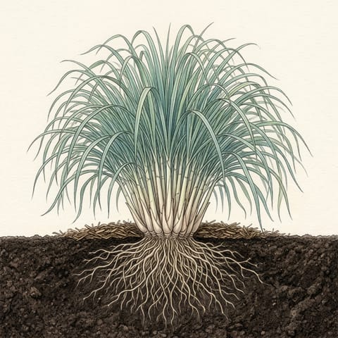A big lemongrass clump with long arching leaves