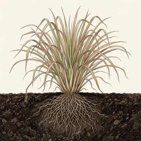 A lemongrass clump with leaves turned brown in winter