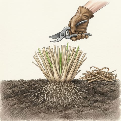 A lemongrass clump cut back to short stubs with new shoots