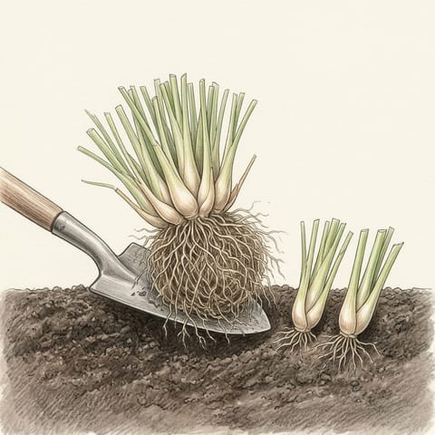 A lemongrass clump lifted with a spade and split into pieces