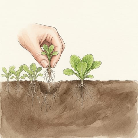 A crowded row of lettuce seedlings being thinned