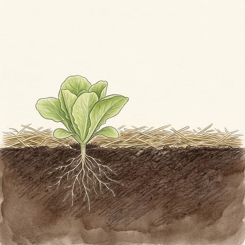 A young lettuce with straw mulch around it