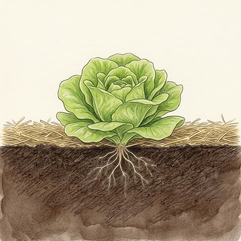A leafy young lettuce on straw mulch