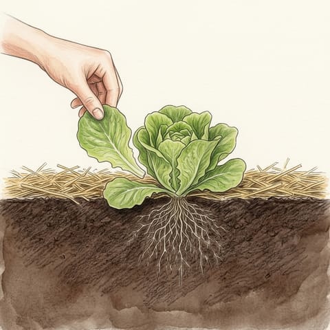 A hand picking an outer leaf from a lettuce