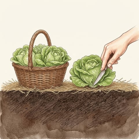 A hand cutting a whole lettuce at its base beside a basket