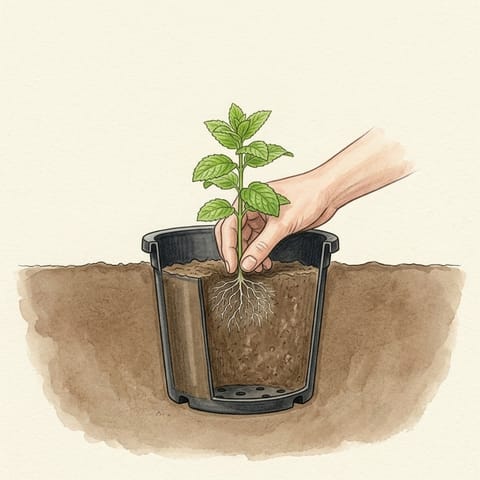 A young mint plant being planted inside a black plastic pot sunk in a garden bed, shown cut away