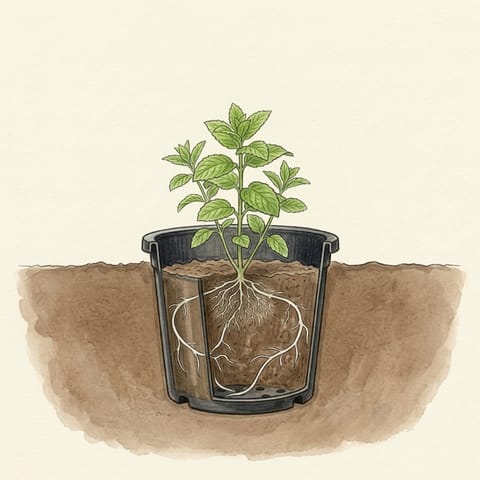 A young mint plant with new shoots, its white runners spreading inside the sunken pot