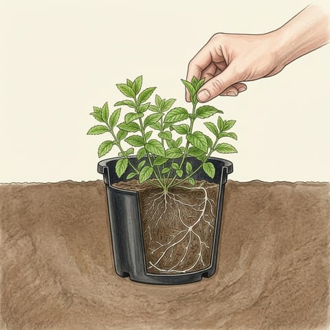 Fingers pinching off the soft tip of a mint shoot