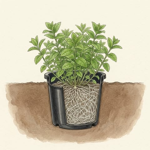 A full, bushy mint plant with a mat of runners filling the sunken pot