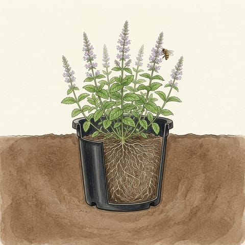 A mint clump with tall spikes of small lilac flowers