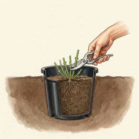 A hand with shears cutting the mint stems low, inside the rim of the sunken pot