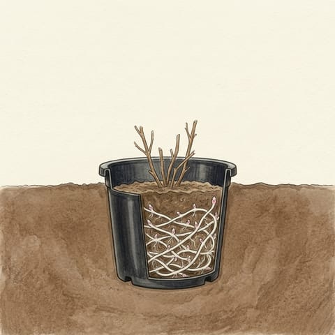 Short dead mint stems in the sunken pot, with a mat of roots resting below